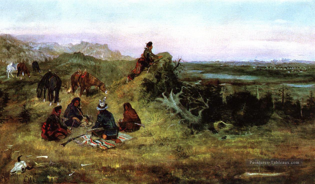 les Piégans se préparent à voler les chevaux des corbeaux 1888 Charles Marion Russell Peintures à l'huile